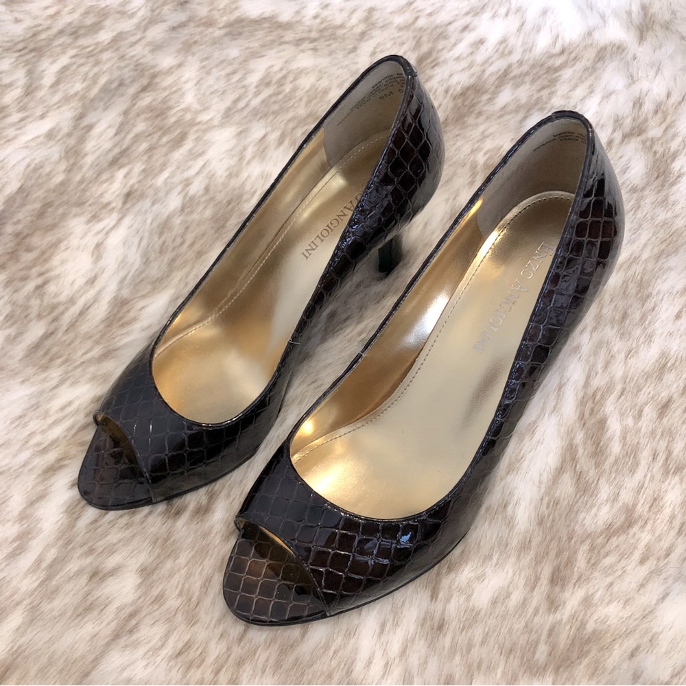 Enzo Angiolini dark brown patent croc peep toe heels - size 5